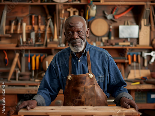 Senior Afro-American man in his 60s, clad in work attire, stands confidently in his woodworking workshop surrounded by an array of hand tools, embodying a lifetime of craftsmanship and expertise