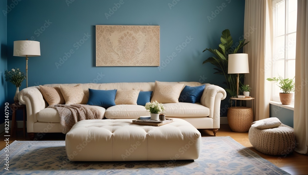 Living room with blue wall, beige sofa, pattern rug, pouf Living room with blue wall, beige sofa, pattern rug, pouf