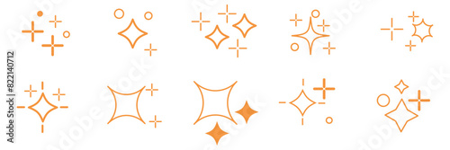 Hand drawn gold star sparkle shine of doodle set. Yellow star shine twinkle glow, spark glitter, magic party light vector illustration. Hand drawn sketch doodle style line sparkle elements