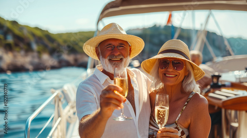 Joyous elderly couple toasting with champagne on a yacht, the sea in the background, portraying an idyllic vacation moment