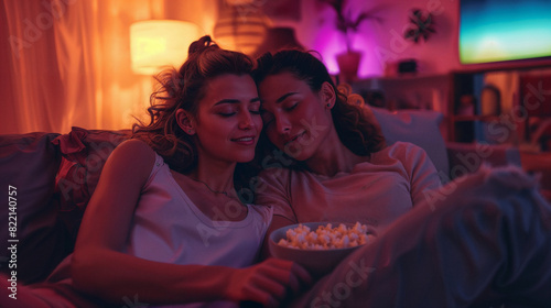 Cozy Evening: Lesbian LGBT Couple Snuggled on Couch Watching TV