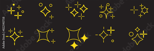 Hand drawn gold star sparkle shine of doodle set. Yellow star shine twinkle glow, spark glitter, magic party light vector illustration. Hand drawn sketch doodle style line sparkle elements