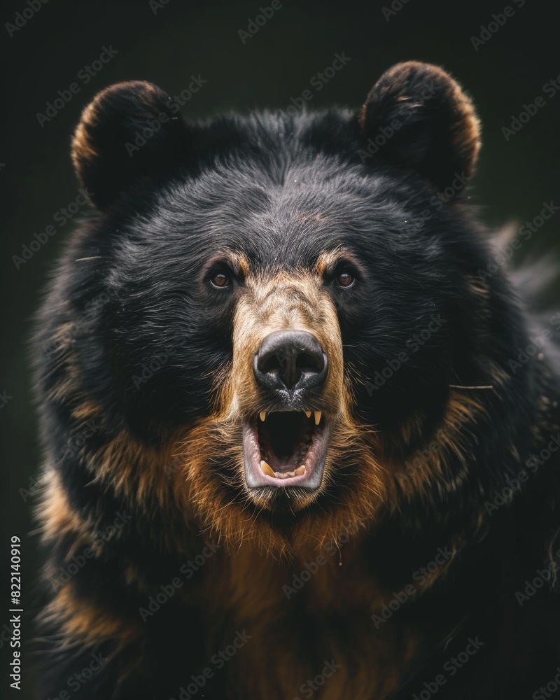 Mystic portrait of Spectacled Bear, copy space on right side, Anger, Menacing, Headshot, Close-up View Isolated on black background Mystic portrait of Spectacled Bear, copy space on right side, Anger, Menacing, Headshot, Close-up View Isolated on black background