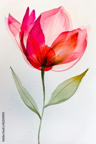 Pink Flower With Green Stem on White Background