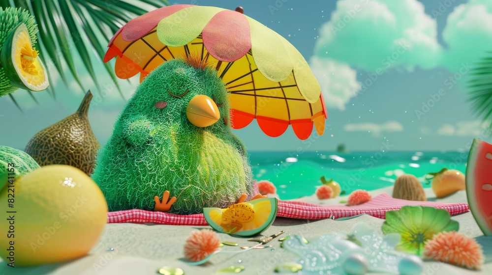 Cute green bird on a beach under an umbrella