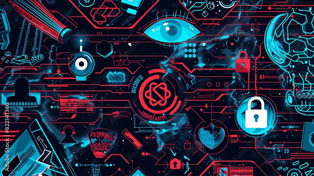 Cyber security, data protection, hacker attack concept. Futuristic interface with icons and symbols. Cyber security, data protection, hacker attack concept. Futuristic interface with icons and symbols.