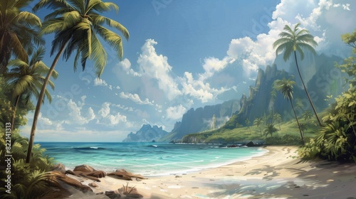 Painting of a Tropical Beach With Palm Trees