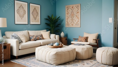 Living room with blue wall, beige sofa, pattern rug, pouf