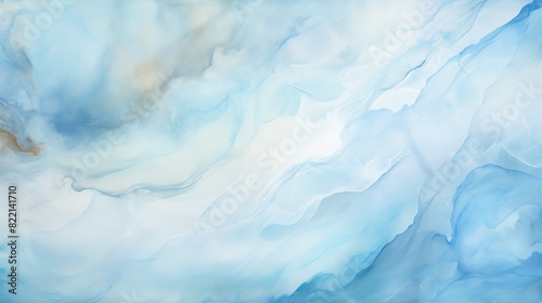 Abstract watercolor painting in shades of blue and white, depicting fluid and ethereal patterns reminiscent of clouds or waves.