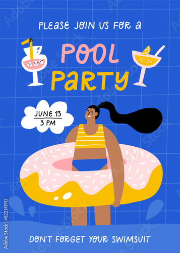 Pool party poster with girl in rubber ring. Template design for summer beach party