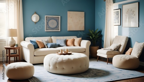 Living room with blue wall  beige sofa  pattern rug  pouf