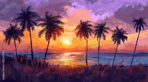 Sunset Painting With Palm Trees