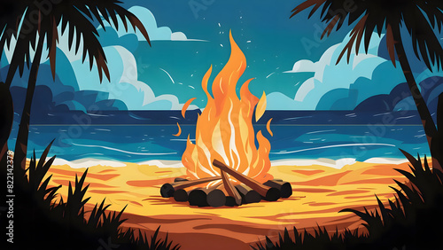 Small campfire with gentle flames beside a ocean photo