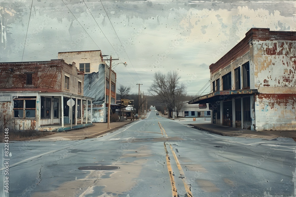 Abandoned Small Town Main Street with Shuttered Shops and Decaying Industrial Remnants