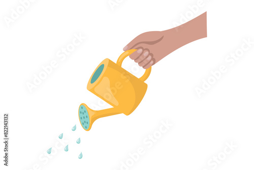 hand making a watering gesture with a plastic bottle, creating a fluid drawing. The wrist is accessorized with a fashion accessory, reminiscent of art and painting