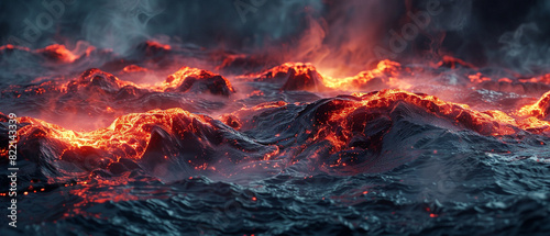 A dramatic seascape of molten lava, with waves of fiery red and deep black swirling together in a chaotic yet beautiful pattern, rendered in highdetail 3D