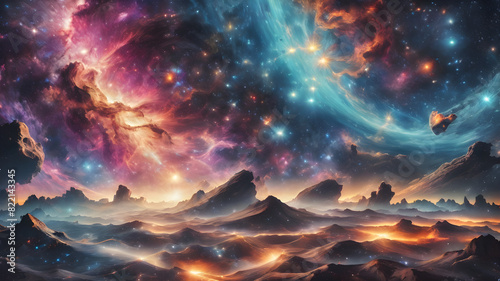 Experience the cosmos through this beautiful abstract artwork, featuring nebulas and cloud formations. The dramatic sky landscape brings the universe's grandeur and mystery to life.