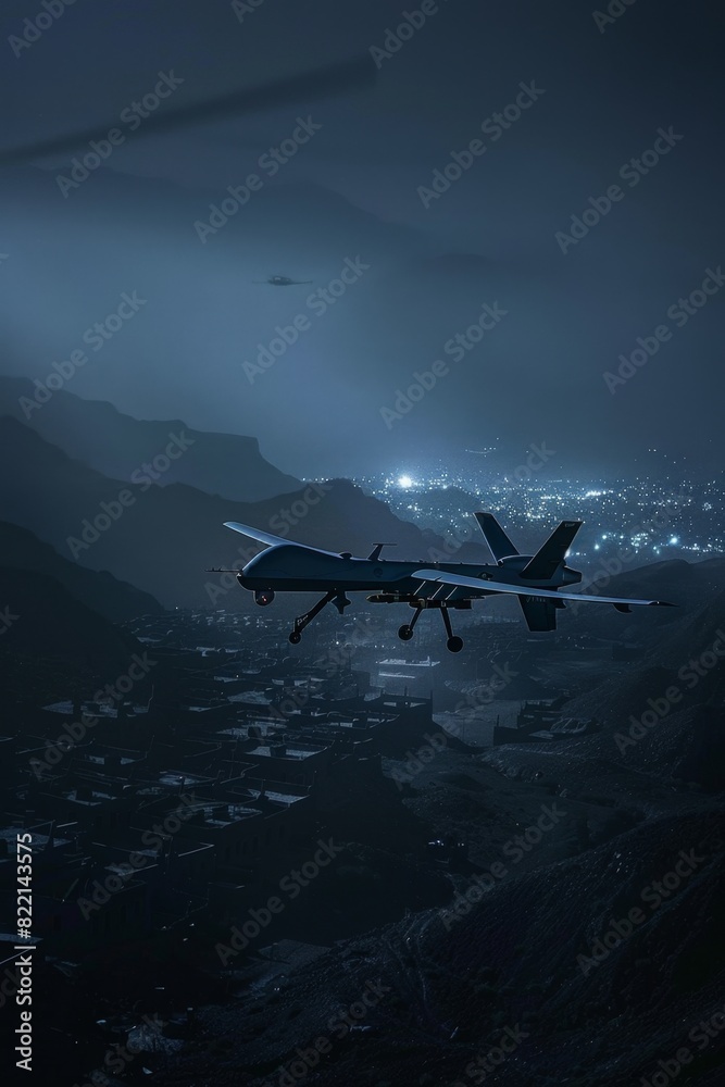 A drone silently observing an enemy encampment from a high altitude shrouded in darkness