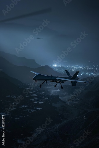 A drone silently observing an enemy encampment from a high altitude shrouded in darkness photo