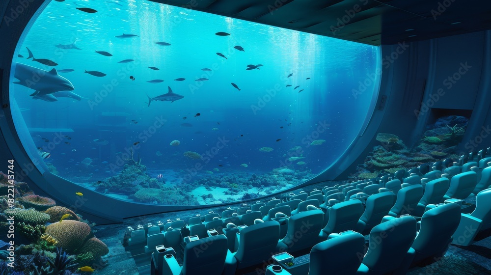 Fototapeta premium Expansive cinema room with a panoramic underwater view, filled with marine life and natural light.