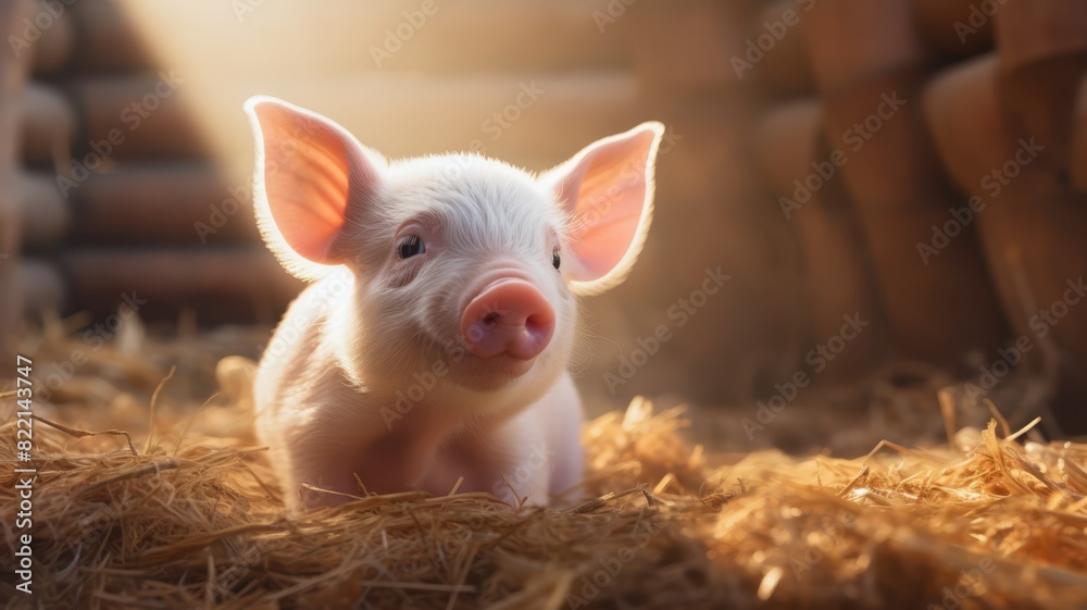 Close-up of a piglet's tail, barn background, warm light, copy space,