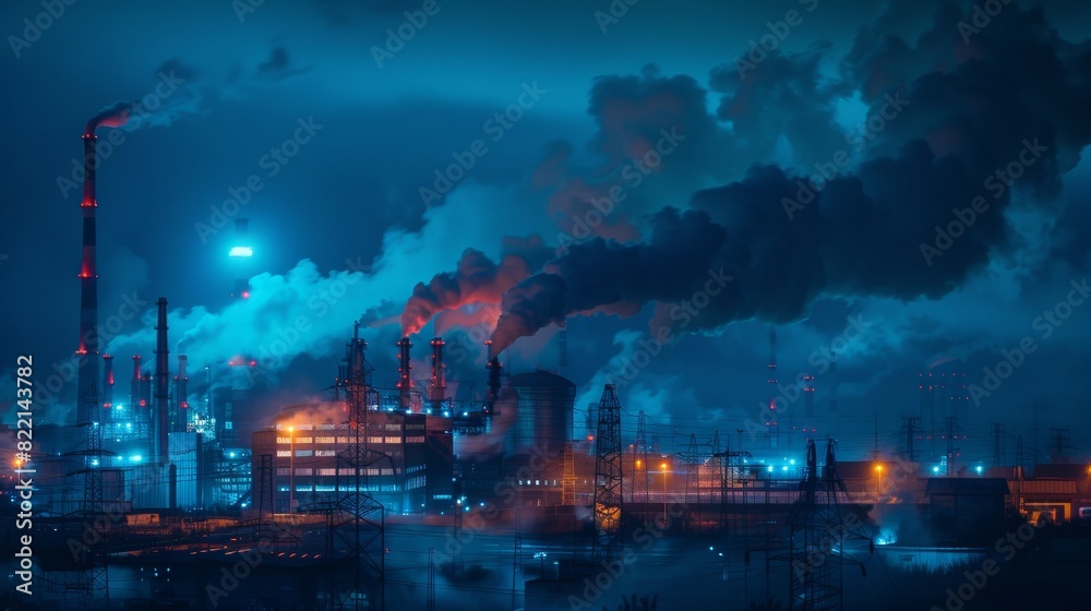Dark Industrial Landscape with Smoke and Power Lines