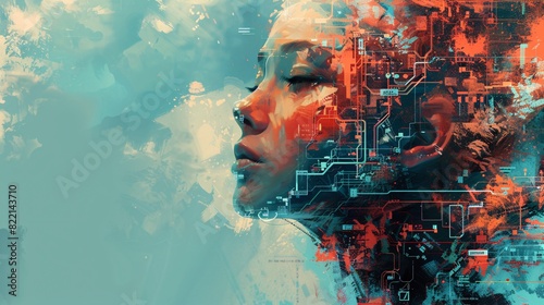 Double exposure of futuristic woman face and digital code. Copy space.