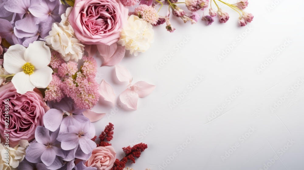Fresh flowers on white table with text area, top view