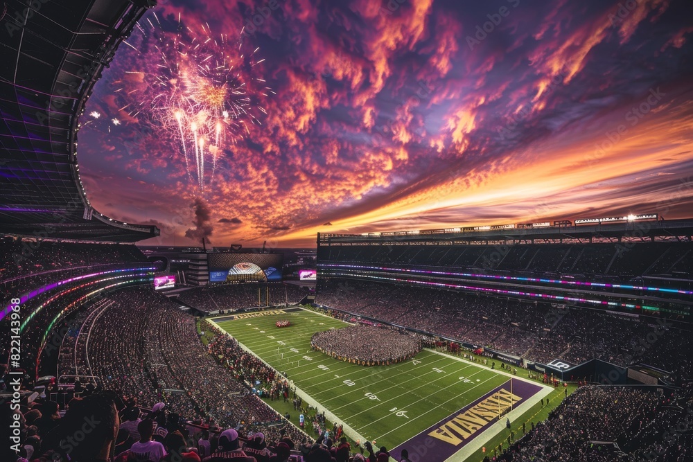 Spectacular Fireworks and Vibrant Sunset at Arlington Stadium during Evening Sports Event Spectacular Fireworks and Vibrant Sunset at Arlington Stadium during Evening Sports Event