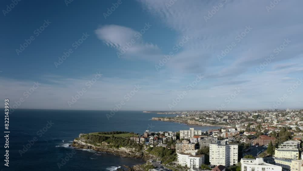 Aerial view of Bondi Beach, ocean, and buildings, New South Wales, Australia. Aerial view of Bondi Beach, ocean, and buildings, New South Wales, Australia.