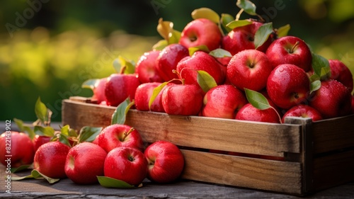 Freshly picked apples in a wooden crate  farm background  vibrant colors  copy space 