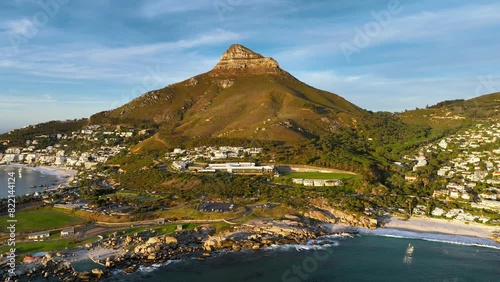Aerial view of Table Mountain overlooking Cape Town and the ocean, Western Cape, South Africa.