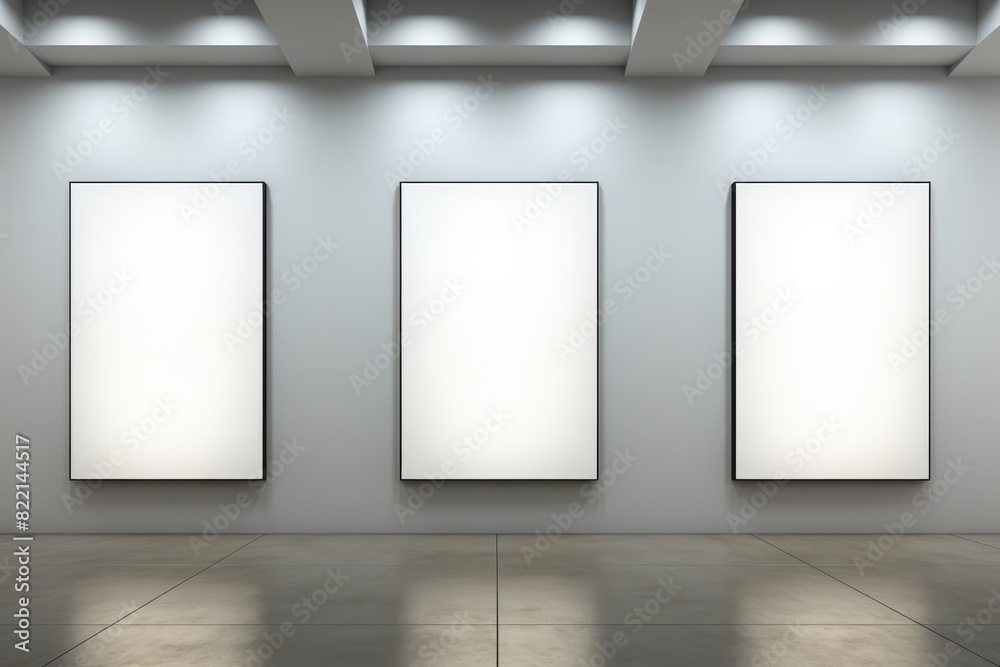 Blank poster on a white wall in a contemporary gallery, spotlights on it Blank poster on a white wall in a contemporary gallery, spotlights on it