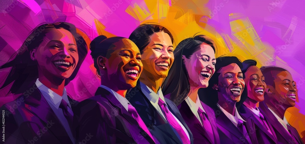 Smiling diverse women professionals in vibrant digital illustration. Smiling diverse women professionals in vibrant digital illustration.