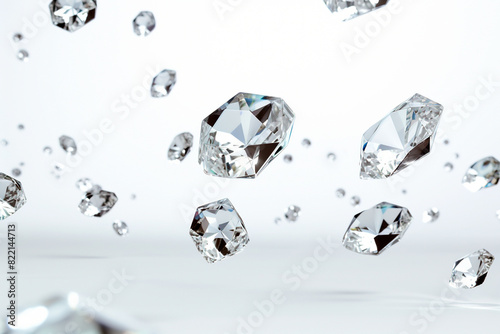 Multiple transparent diamonds falling on white background
