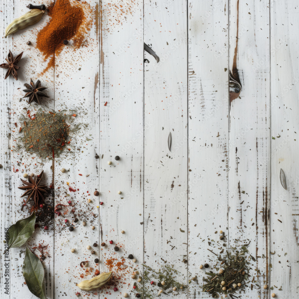spices with white wooden background spices with white wooden background
