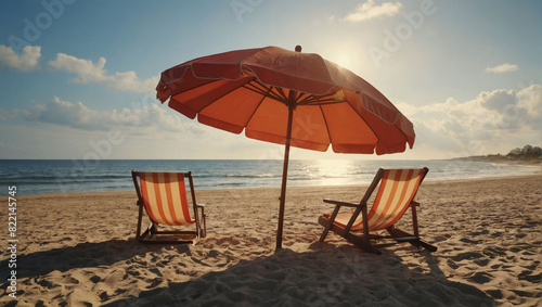Summertime relaxation  Beach umbrella and chairs on sandy shore