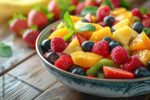 Fresh fruit healthy salad on a wooden table  morning light  focus on texture and vibrant colors. Clean eating and healthy food concept for poster or menu restaurant  Banner  Ads. Generative AI