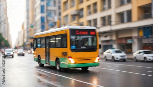 A yellow bus with green trim is driving on a busy street with cars on either side and buildings in the background.