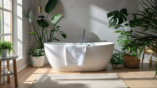 Stylish bathroom interior with bath tub houseplants an