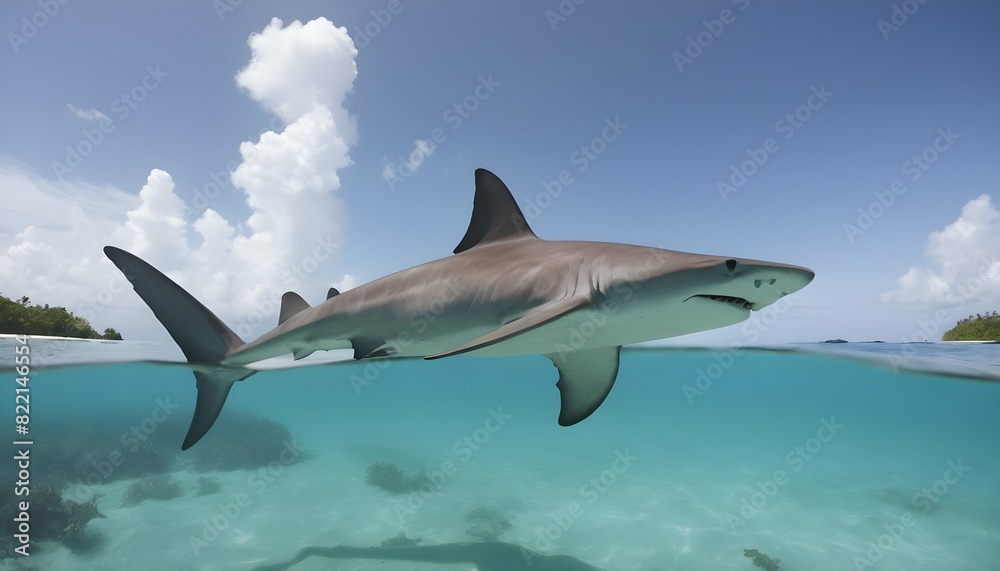 A Hammerhead Shark Patrolling The Waters Near A Tr Upscaled