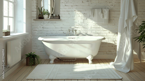 Stylish bathroom interior with soft bath mat and tub -