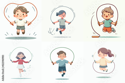 Happy children jump rope flat icons set. Leisure time for boys and girls. Sport and outdoor activity.