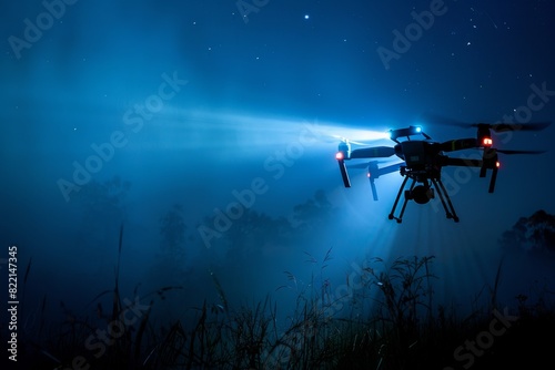 A MALE drone with a spotlight illuminating a target at night  casting harsh shadows across the landscape