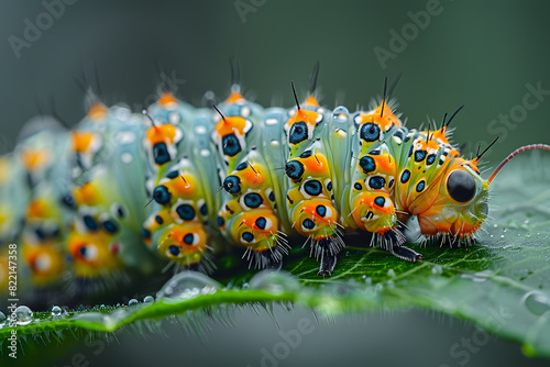 A high-resolution  colorful image of a lovely caterpillar in its natural habitat. This macro photography captures the vibrant and vivid colors of the caterpillar  showcasing intricate details.