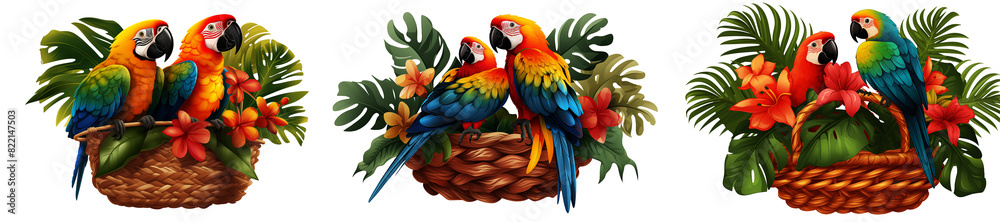 wicker basket with colorful parrots isolated on transparent background wicker basket with colorful parrots isolated on transparent background