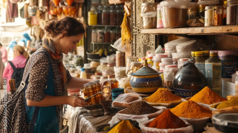 Fototapeta premium A woman examines jars of spices in a market stall, surrounded by an array of colorful spice piles and traditional pottery.