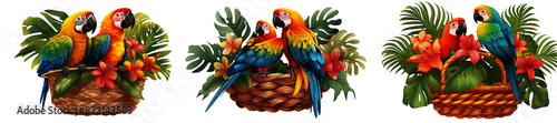 wicker basket with colorful parrots isolated on transparent background