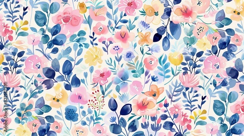 Watercolor Floral Pattern With Blue, Pink, and Yellow Flowers