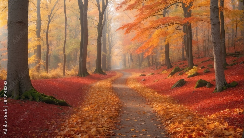 The image is of a winding road through a forest. The trees are tall and bare, and the ground is covered with fallen leaves. There is a thick fog in the air.

